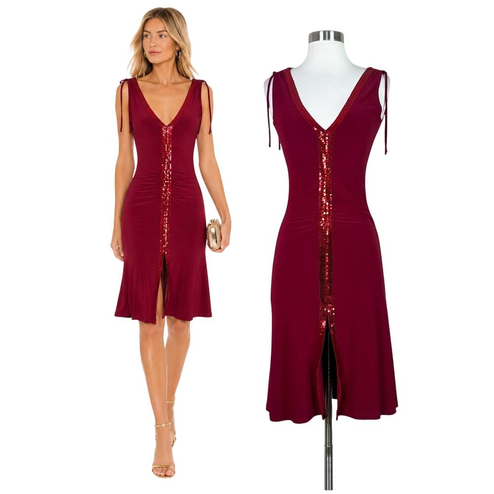 Vintage | Y2K Ecco Mi Burgundy Red Sequin Stretch Party Cocktail Knee Dress M